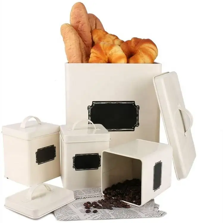 Stainless Steel Bread Bin Canister Set Cream White Bread Box Food Tin Container