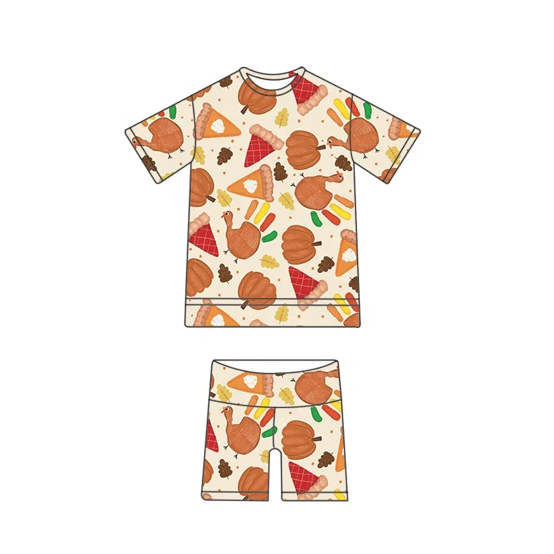 New bamboo fiber customized kids loose pajama set with hazelnut pumpkin print short sleeve set casual two piece home furnishing