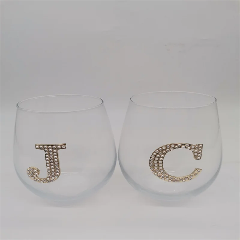 OEM Logo Wine Glasses Stemless Gold Pearl Sliver Rhinestones Monogram Unique Glassware