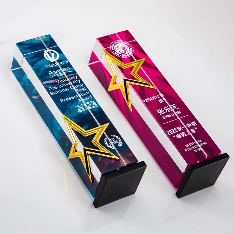 BM Factory wholesale custom new design square pillar crystal trophy awards with metal star
