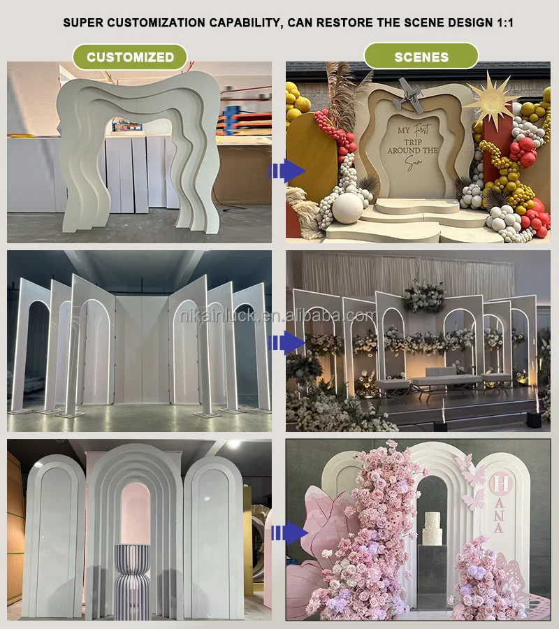 NIKA Customize Castle Shape Large Acrylic Stand Set 3D India Style White Acrylic Backdrop Door For Wedding Events