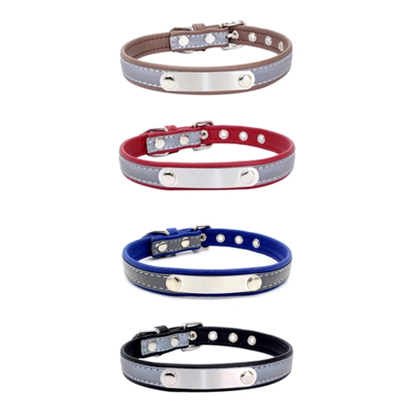 Reflective Adjustable Colorful Custom Pet Name Tag Dog Collars Lost Proof Small Medium Soft Leather Kitten Cat Collar