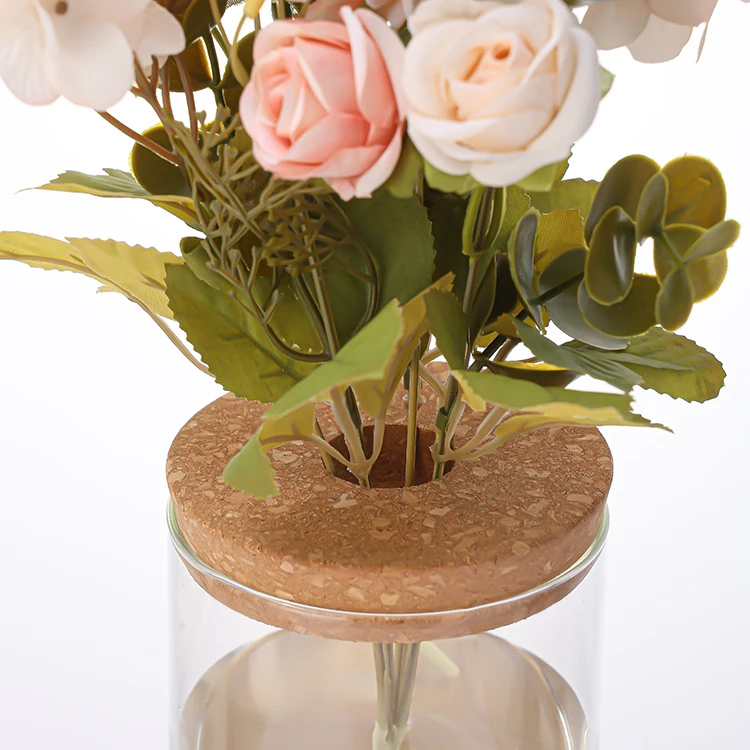 Custom 500ml Glass Terrarium Vase Propagation Vase Containers with Cork Wooden Saucer for Hydroponic Plants Tabletop Decoration