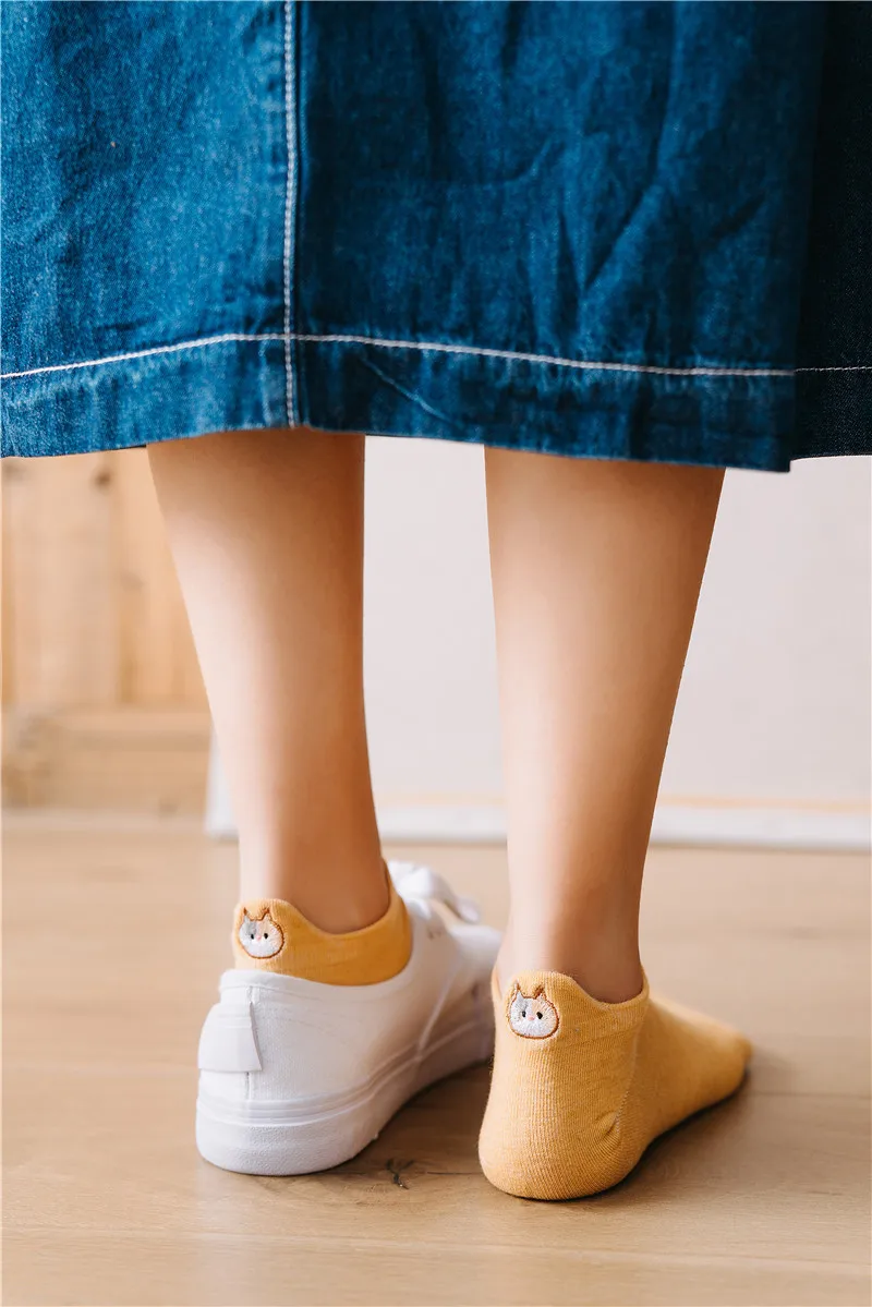 5 Pairs Women Socks Cotton Cute Cartoon Animal Cat Fox Dog Red Heart Female Boat Ankle Socks Short Ear Socks Slippers Summer