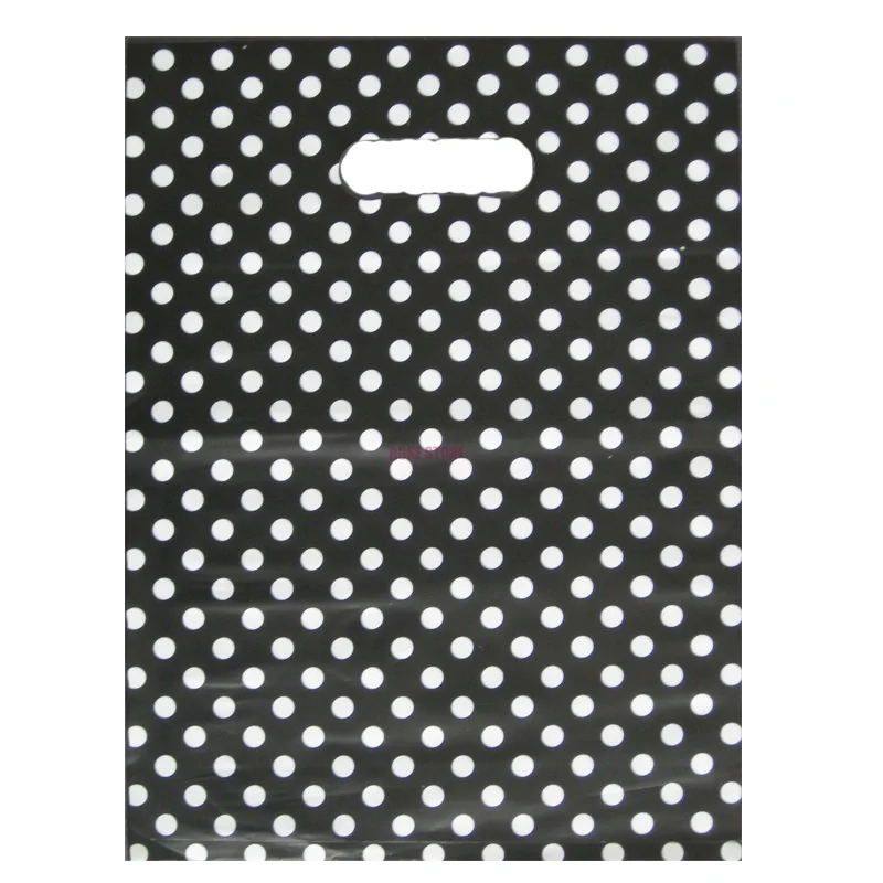 Wholesale 50pcs/lot Round Dots Black Gift Bag 25x35cm Jewelry Boutique Packaging Plastic Shopping Bags With Handle