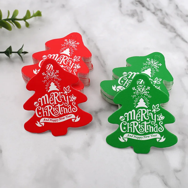 Горячая Распродажа, оптовая продажа, бумажные бирки в форме рождественской елки с принтом, рождественский подарок, подвесные украшения для праздника, подвесные бирки