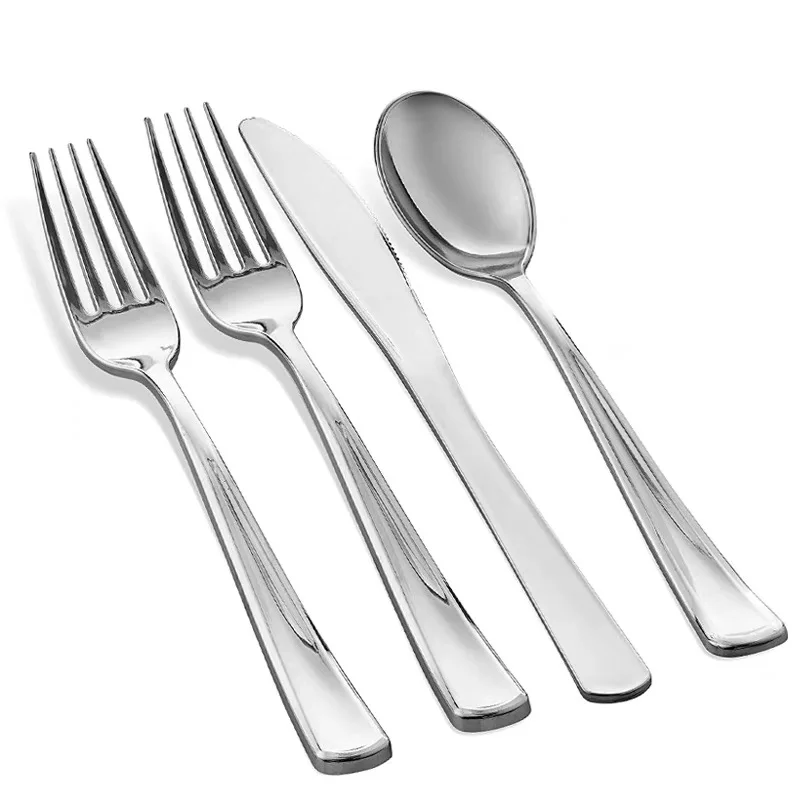 Wholesale Plastic Silver Coated Cutlery Set Recyclable Flatware Sets Heavy Duty Knife Fork and Spoon