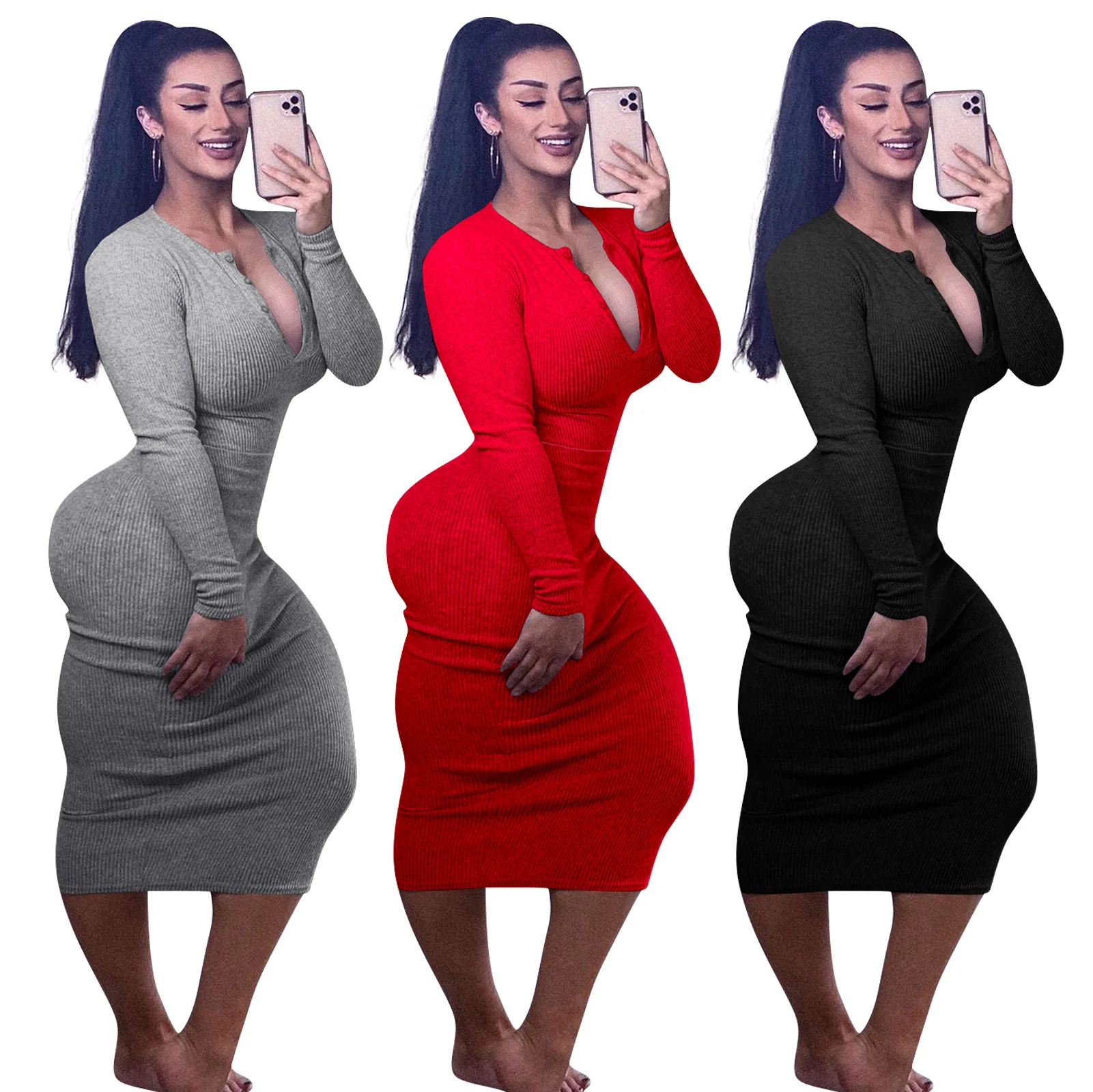 Winter Casual Dress Plus Size Sexy Pure Color Cotton Thread Pit Strip Dress Nightclub Skirt Long Skirt Cotton Pit Strip  Dress