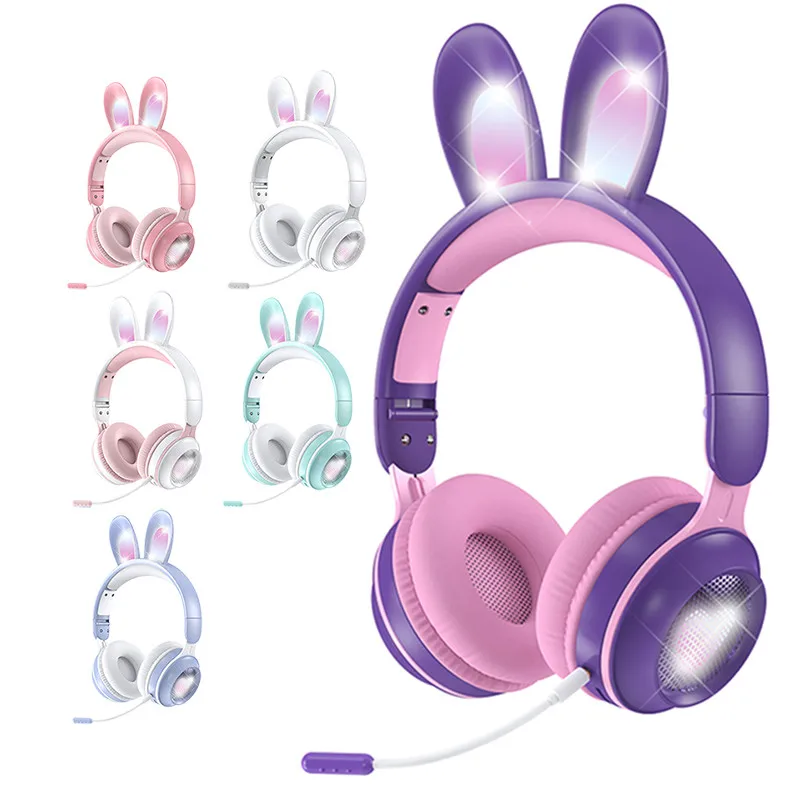 Drop Shipping Cheap LED Ear Gaming Pink Soft Leather No wire Earphone Stereo Sound Wireless Rabbit Headphone Headsets With