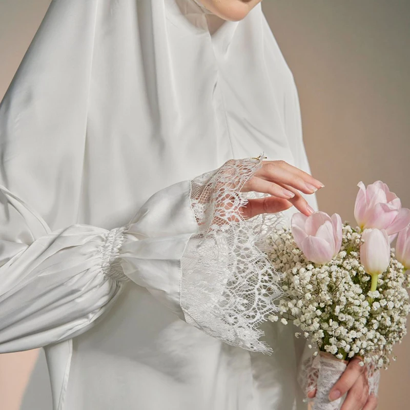 New Style white silk modest luxury abaya prayer women muslim dress with satin khimar and veil