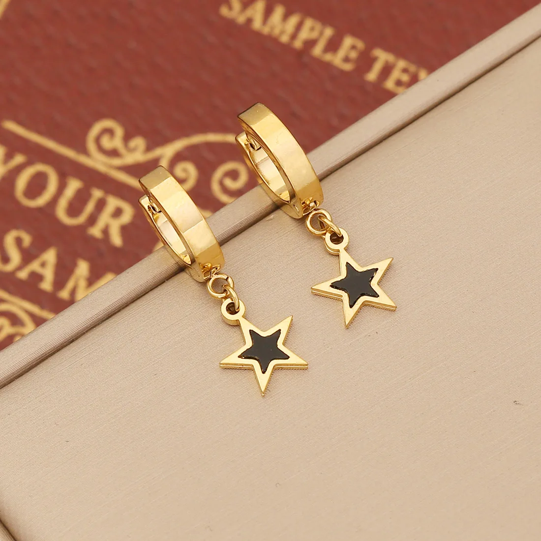 2024 18k Gold Stainless Steel Dripping Oil Star Hoop Earrings Women Black Butterfly Earrings