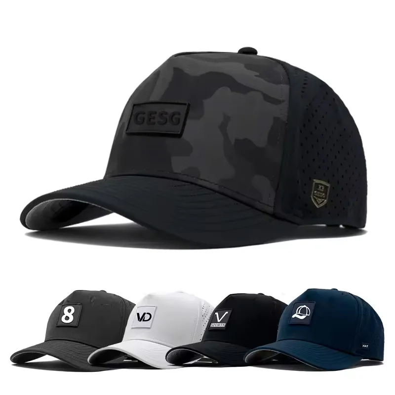 wholesale 5 panel custom logo baseball cap leather patch waterproof laser punched breathable sport trucker hat melin hats