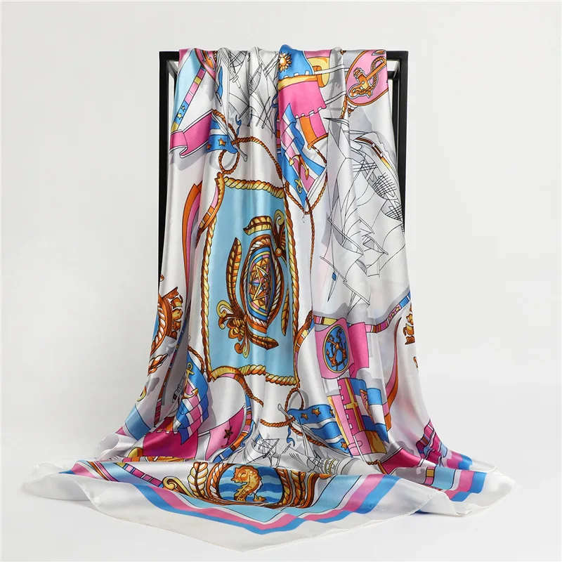 In Stock 2024 New Arrival Imitated Silk Satin Silk Scarf Luxurious Sailboat Anchor Print 90 * 90 square Scarf Milk Silk Shawl