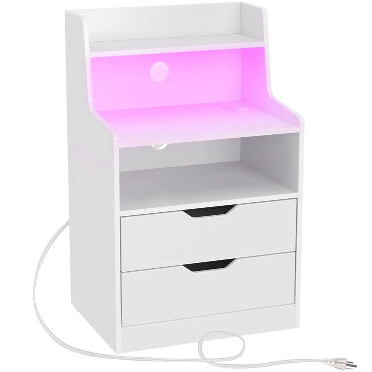 Bedroom Sofa Side End Table Nachtkastje LED Lights Bedside Storage Drawer Nightstand Comodini with Charging Station and USB Port
