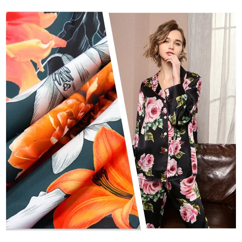 soft polyester floral stretch satin chiffon printed material  fabric flower for dresses clothing