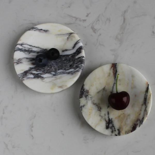 stonekocc Natural Stone Crafts Italian Calacatta Viola Marble Soap Dish Round Small Jewelry Dish Sponge Holder for Bathroom