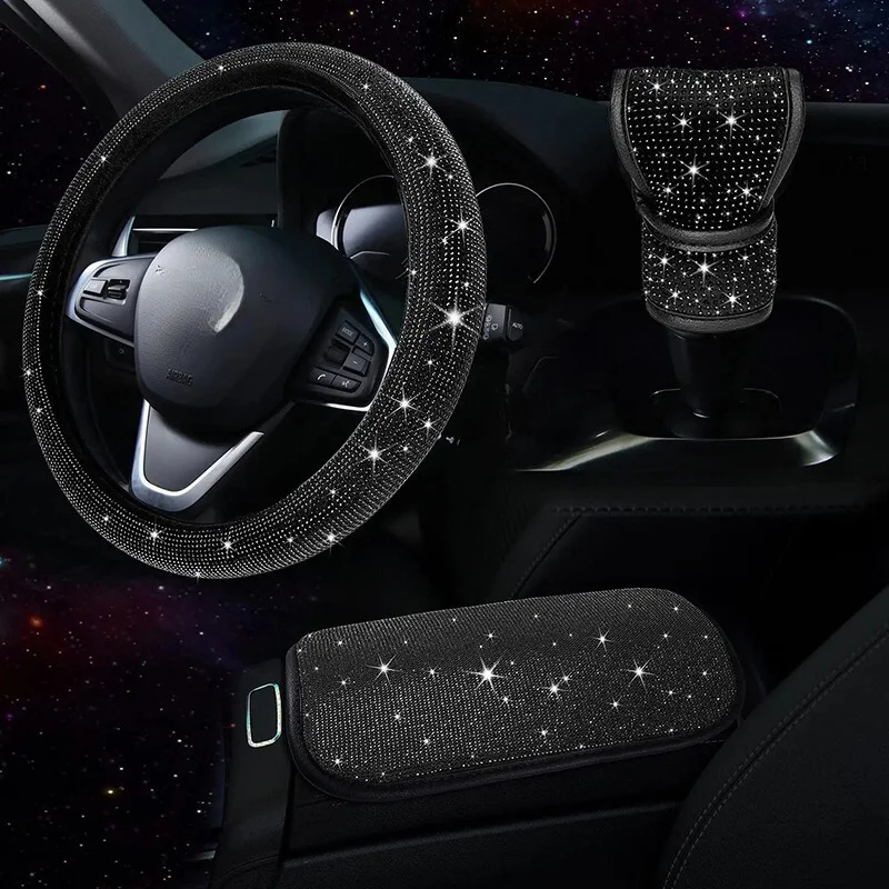 Diamond Bling Car Hoodie Gear Cover Central Box Steering Wheel Cover Set for Women for Girls