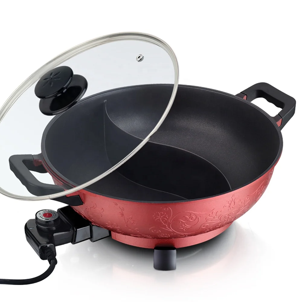 Hot sale multifunctional carve patterns electric skillet hot pot with divider cooking non-stick chinese shabu hot pot electric