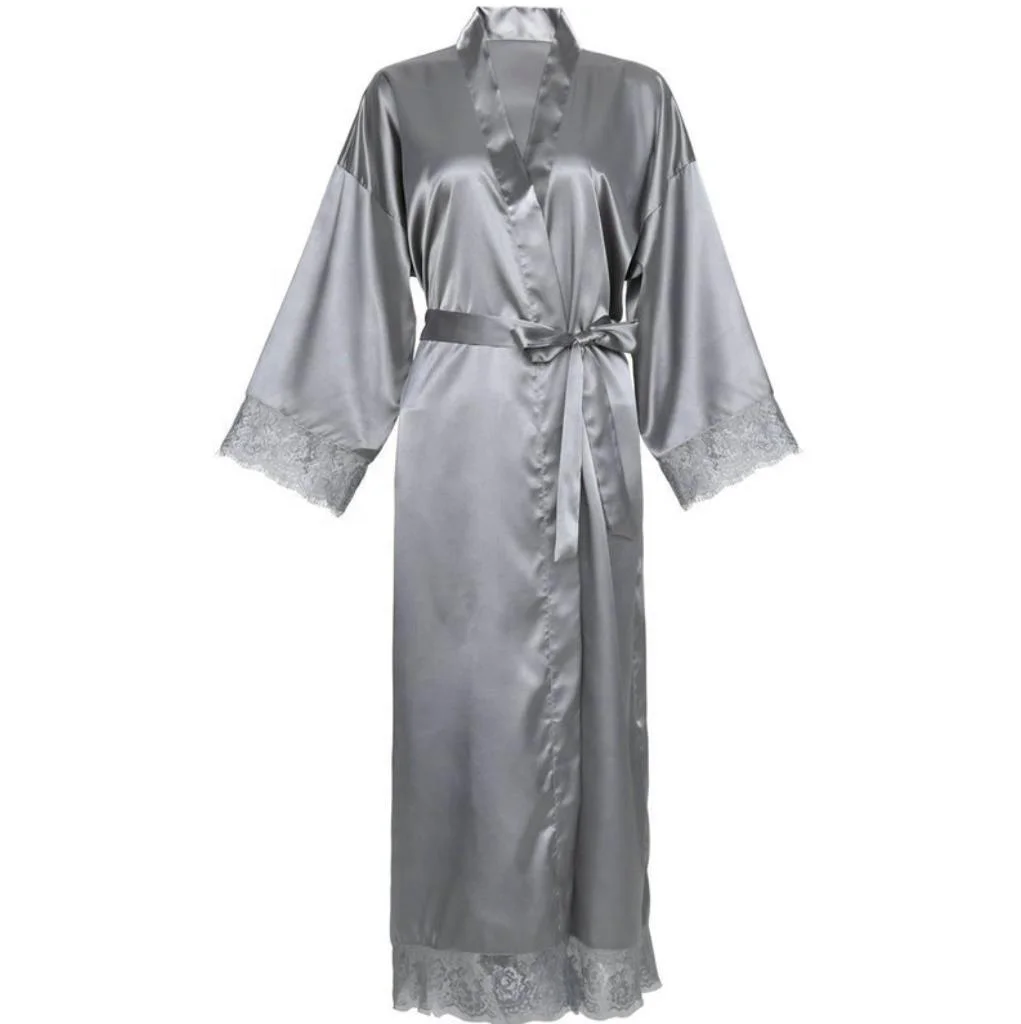 Charming Design Satin Kimono Robe Long Bridesmaid Wedding Bath Robe with Lace Trim