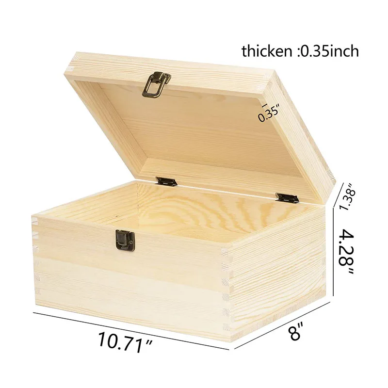 Large Rectangle Unfinished Pine Wood Box Natural DIY Craft Stash Boxes with Hinged Lid and Front Clasp
