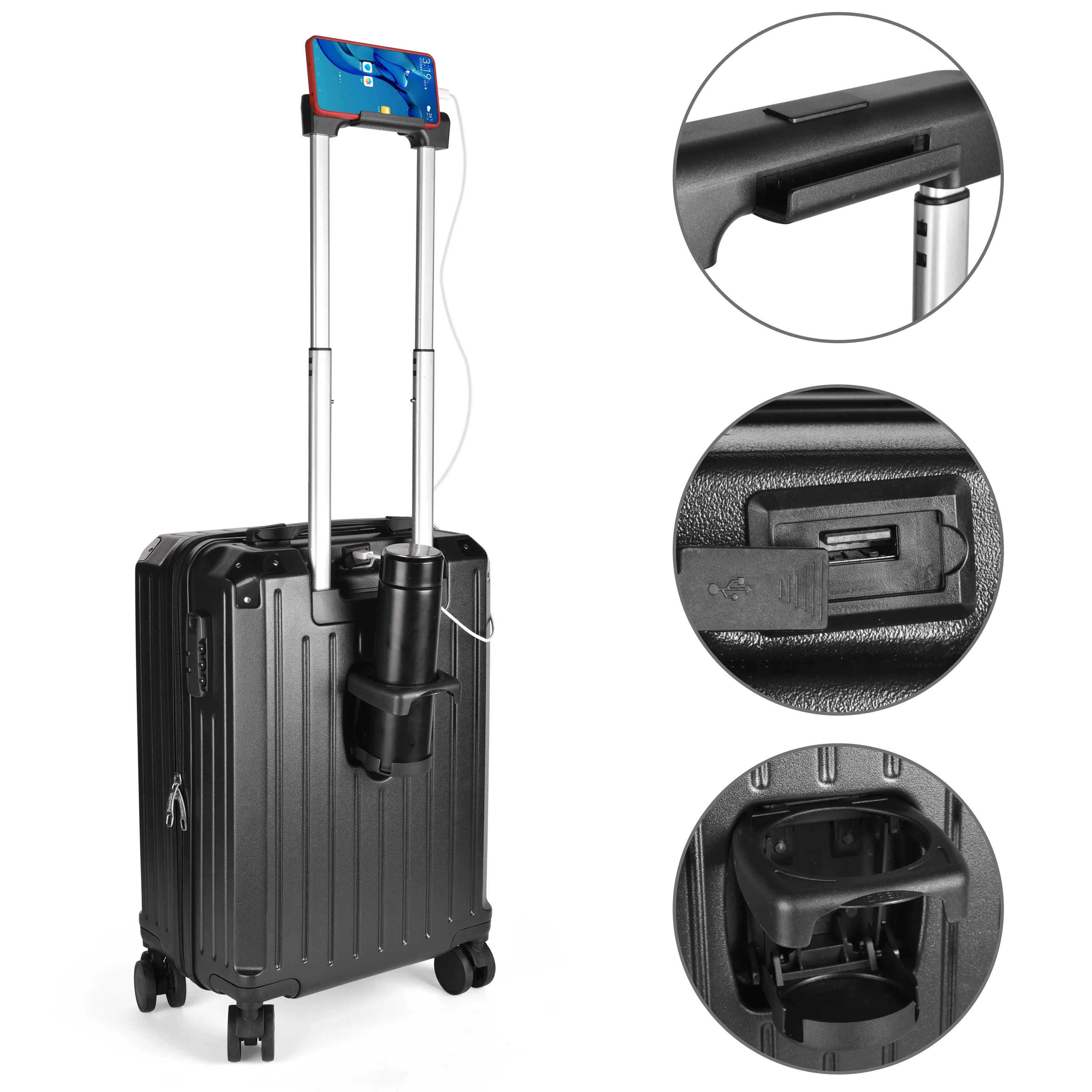 20 24 26 Carry On Bag Travel Suitcase Set charging port,Multifunctional Luggage with Cup Holder Trolley Case with mobile stand