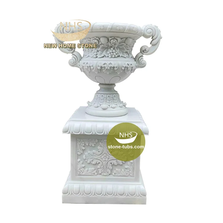 Hand carve round shape garden natural white marble carving pot