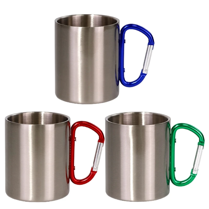 Stainless Steel Coffee Cup Camping Travel Mug Double Wall Mug With Carabiner Hook Handle Tumbler Cups