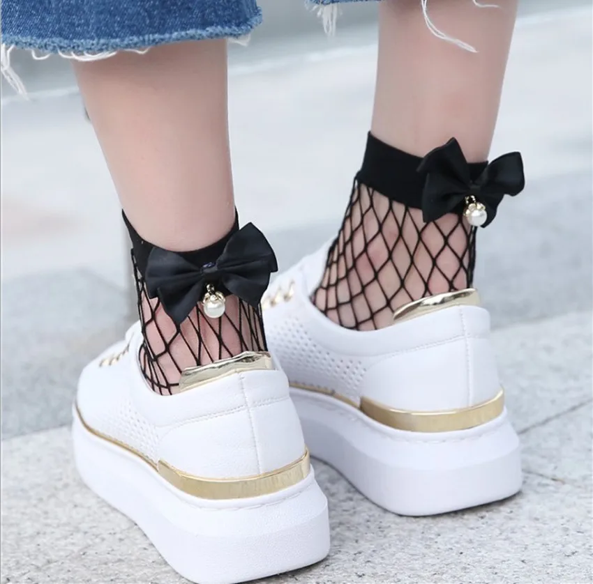 Bead Decoration Sexy Women Short Ankle Lace Ladies Fancy Black Fish Net Socks
