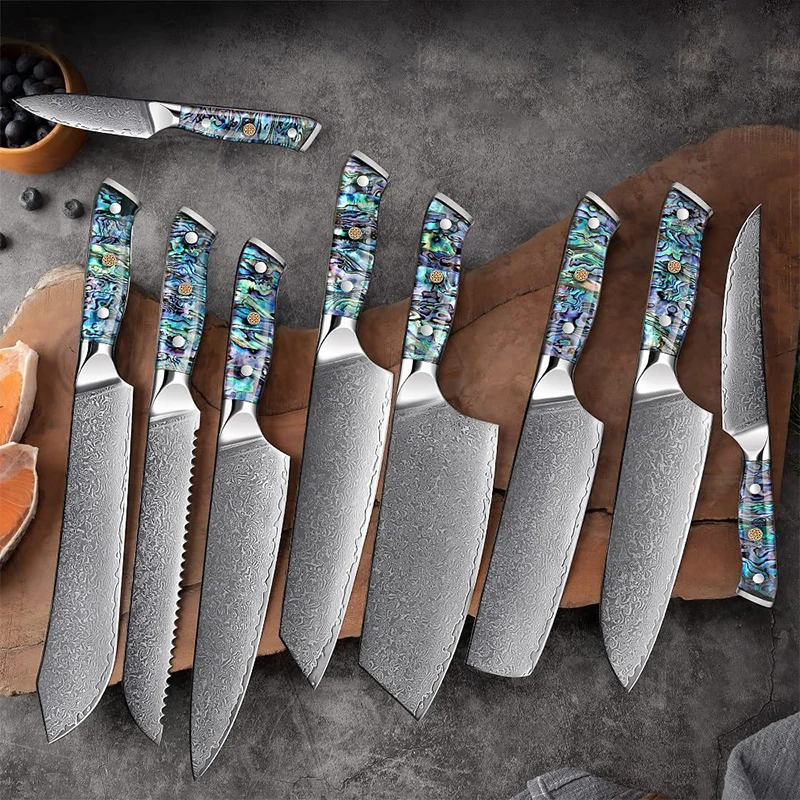 Fulwin guarantee 9 pcs kitchen vg10 damascus knife gift wheels fast sharpening and scissorr kitchen knives professional set