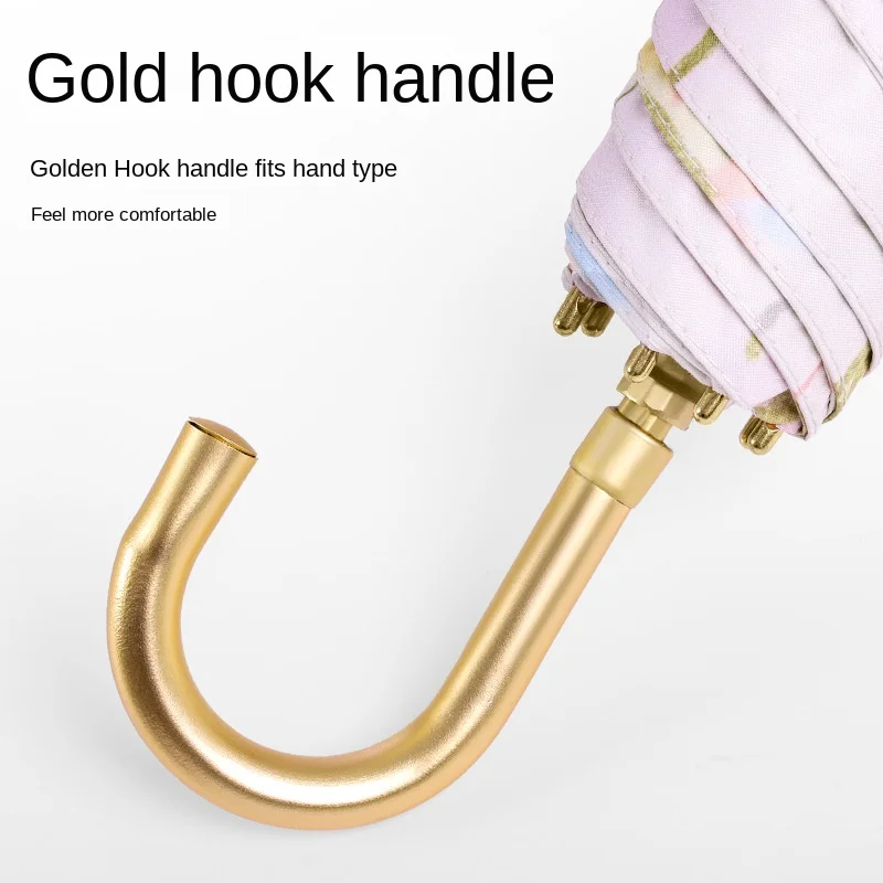 Japanese style folding umbrella with golden frame golden hook handle sun umbrella UPF 50+