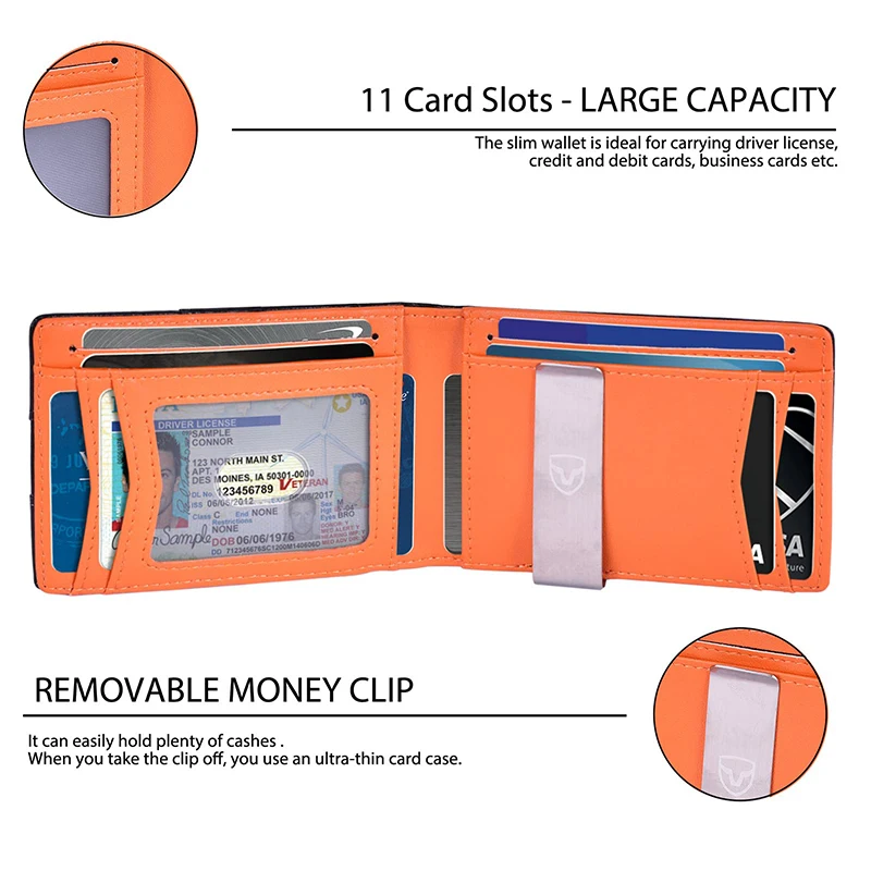 Black & Orange Carbon Fiber Minimalist RFID Blocking Wallet AirTag Slim Bifold Wallets Credit Card Holder with Money Clip