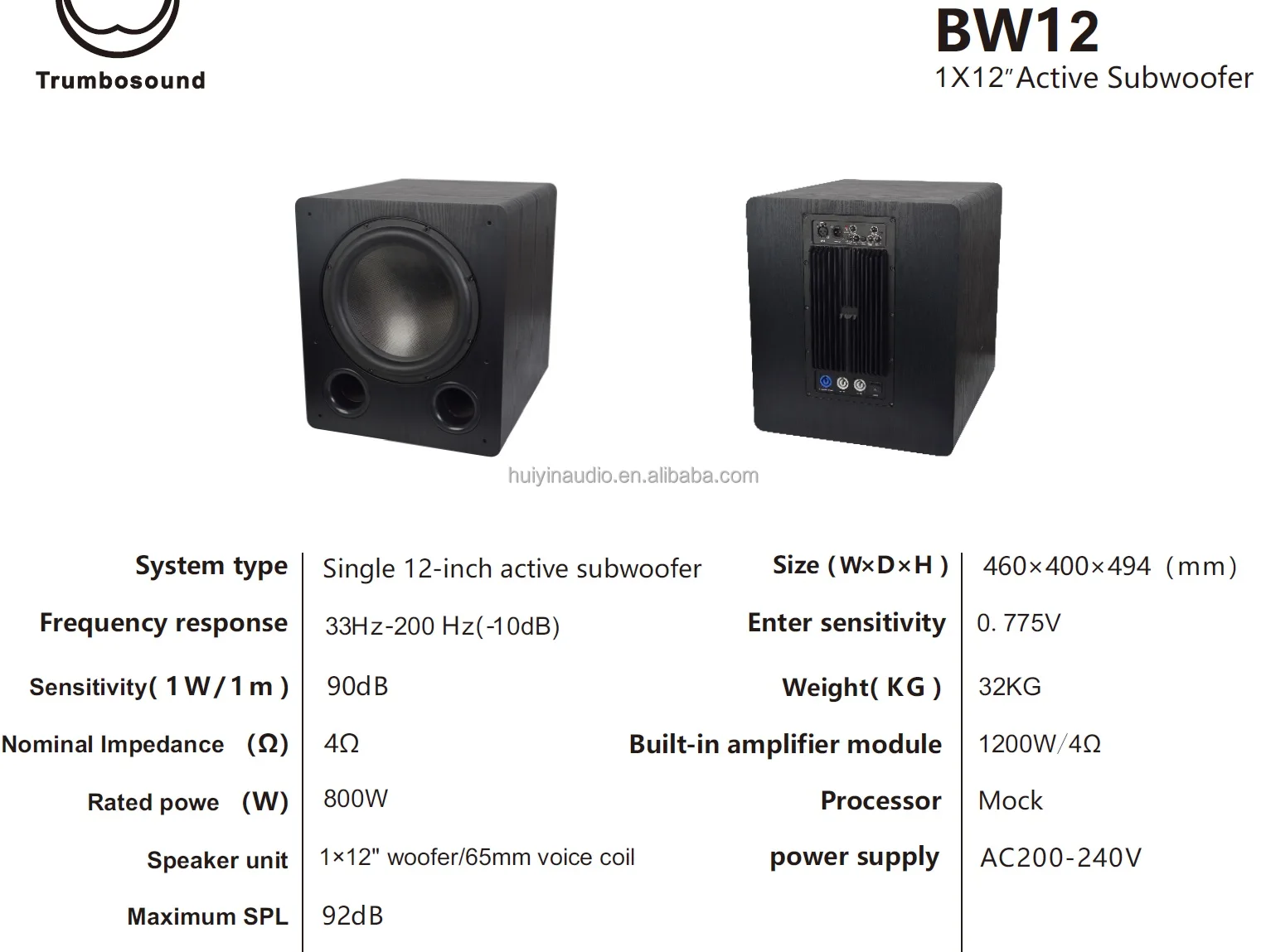 15-Inch Active Subwoofer BW15 with 1000W RMS 700W-1600W Power Amplifier DJ Party Theater Speaker for Subwoofer Speaker