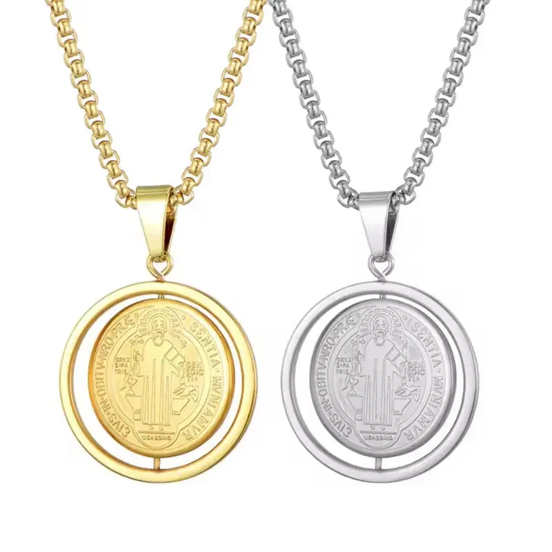 Customised High Quality Metal Gold Stainless Steel Catholic Saint Benedict Medal Necklace With Chain