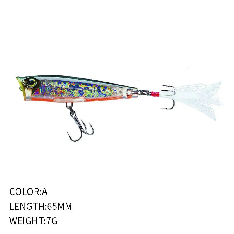 Topwater 65mm 7g Rush Popper Sea Fishing Lures Artificial Bait With Feather Hooks Wobbler 3D Eyes Lure For Bass Tuna