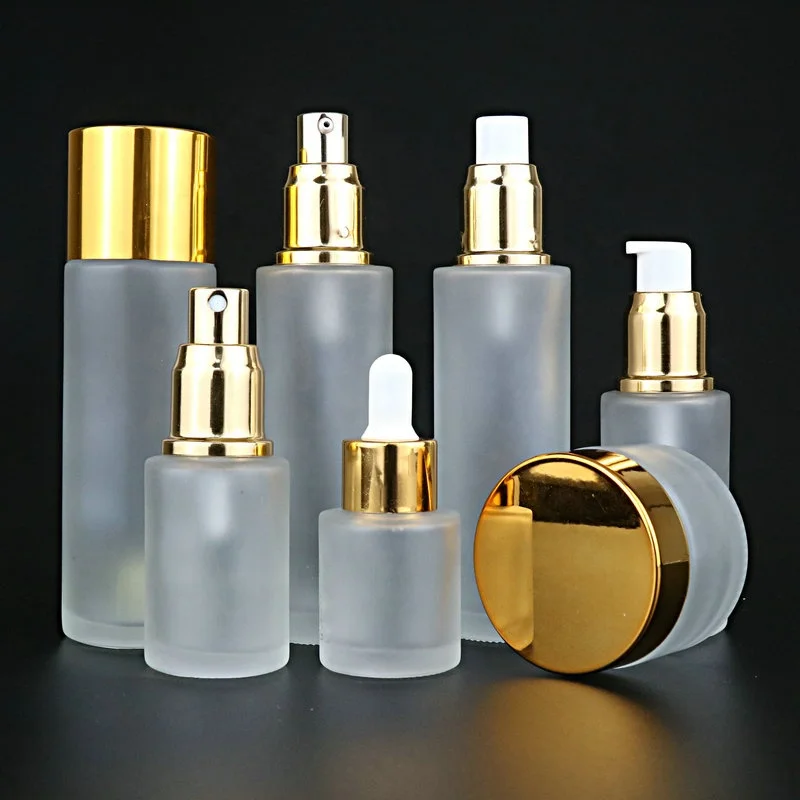 
30ml 40ml 50ml 80ml 100ml 120ml Cosmetic glass frosted lotion cream bottle set with gold/sliver/glack/white cover 