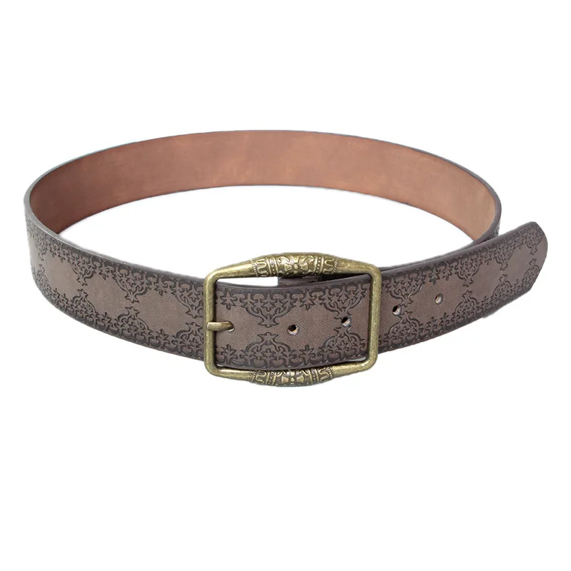 Old Fashion Antique Brass Buckle Floral Embossed Vintage Pu Leather Women Belt