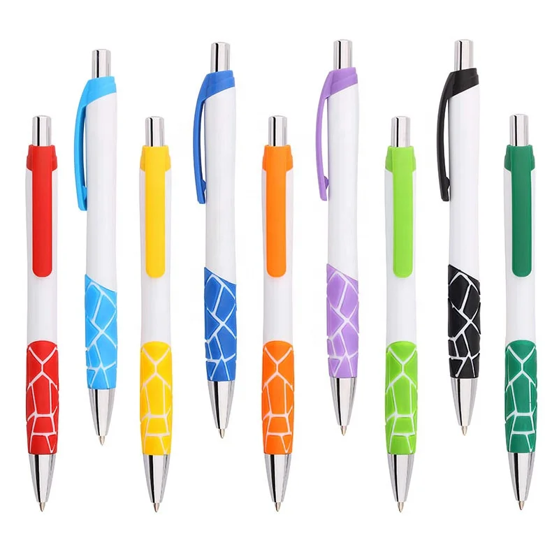 Personalized custom logo blank solid white plastic ballpoint pen with colorful divisive rubber grip