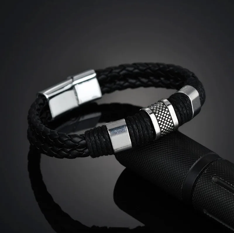
New Punk Black Brown Braid Leather Bracelets Men Cool Stainless Steel Bracelets 