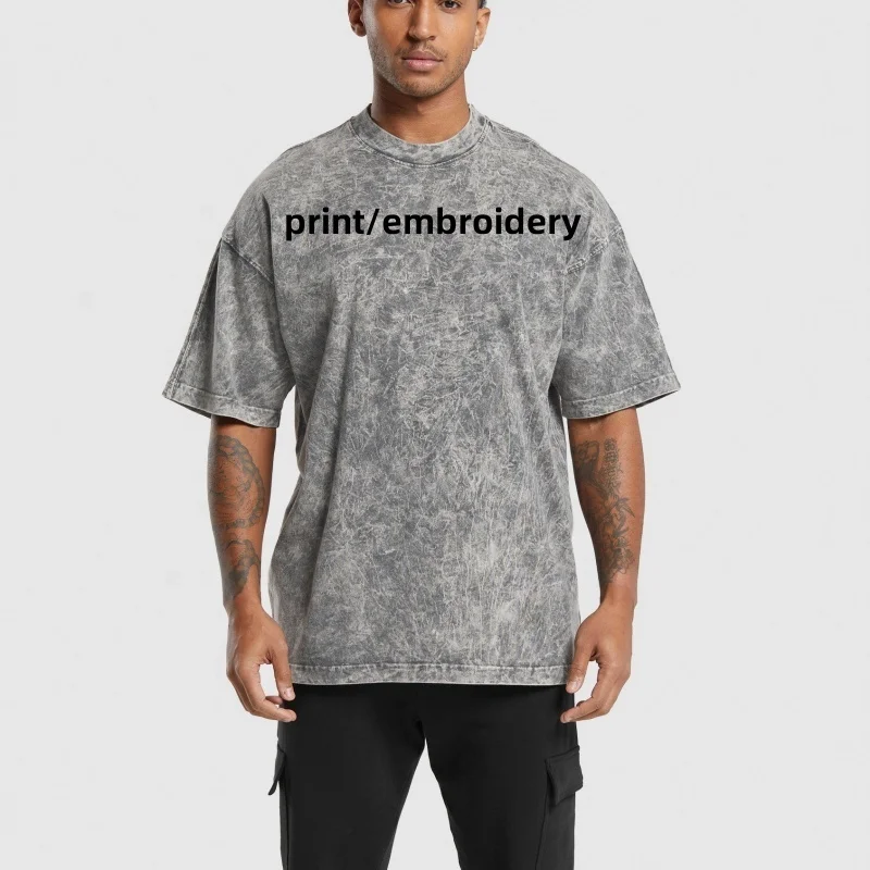 Customize LOGO Print Embroidery acid wash Oversize Boxy Gym T shirts Men Vintage Bodybuilding Drop shoulder t-shirts