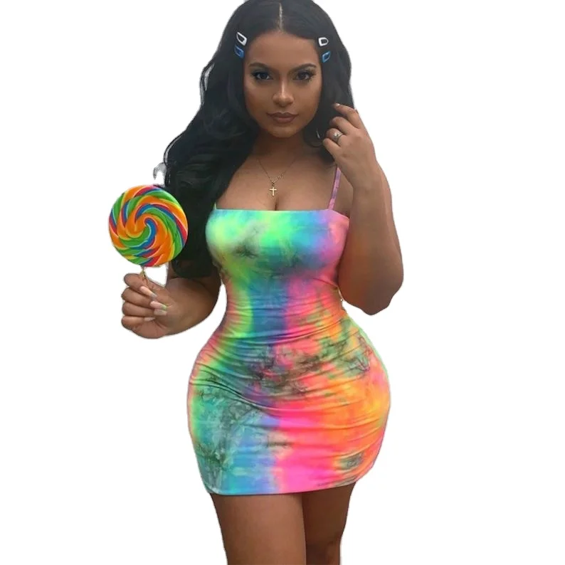 
2020Trendy Fashion Sleeveless Strap Girl Casual Bodycon Clothing Mini Tie Dye Summer Dresses Women 