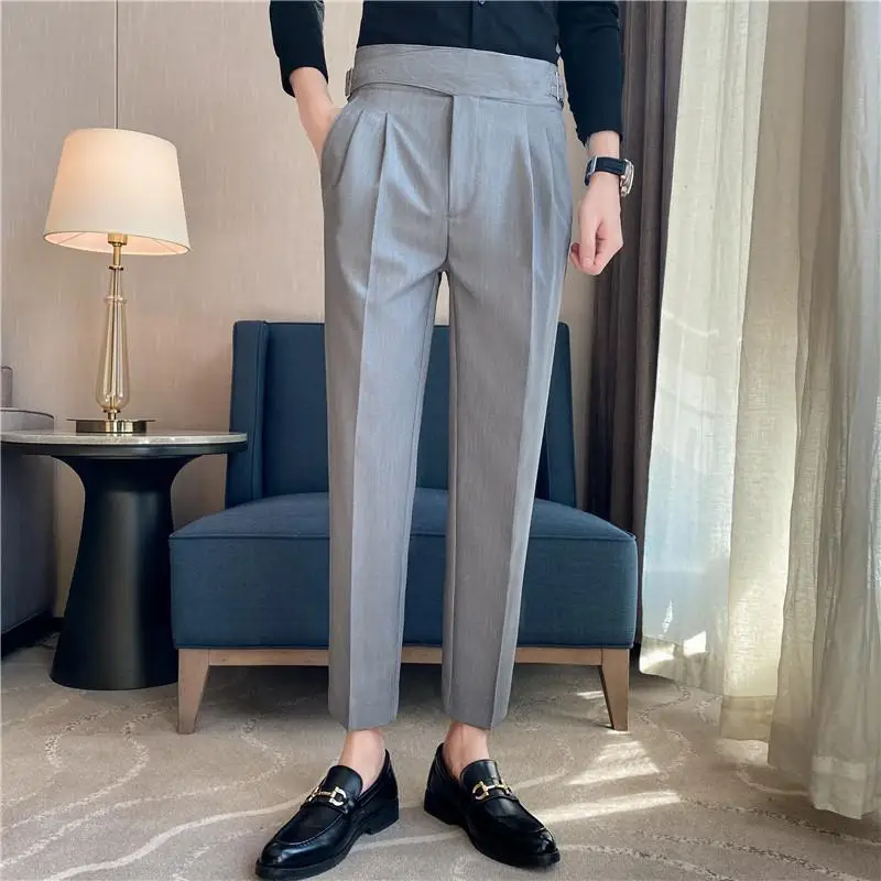 High Quality Personality Belt Non-iron Slim Straight Trousers Korean Business Casual Suit Pants Work Office Party Dress Pants