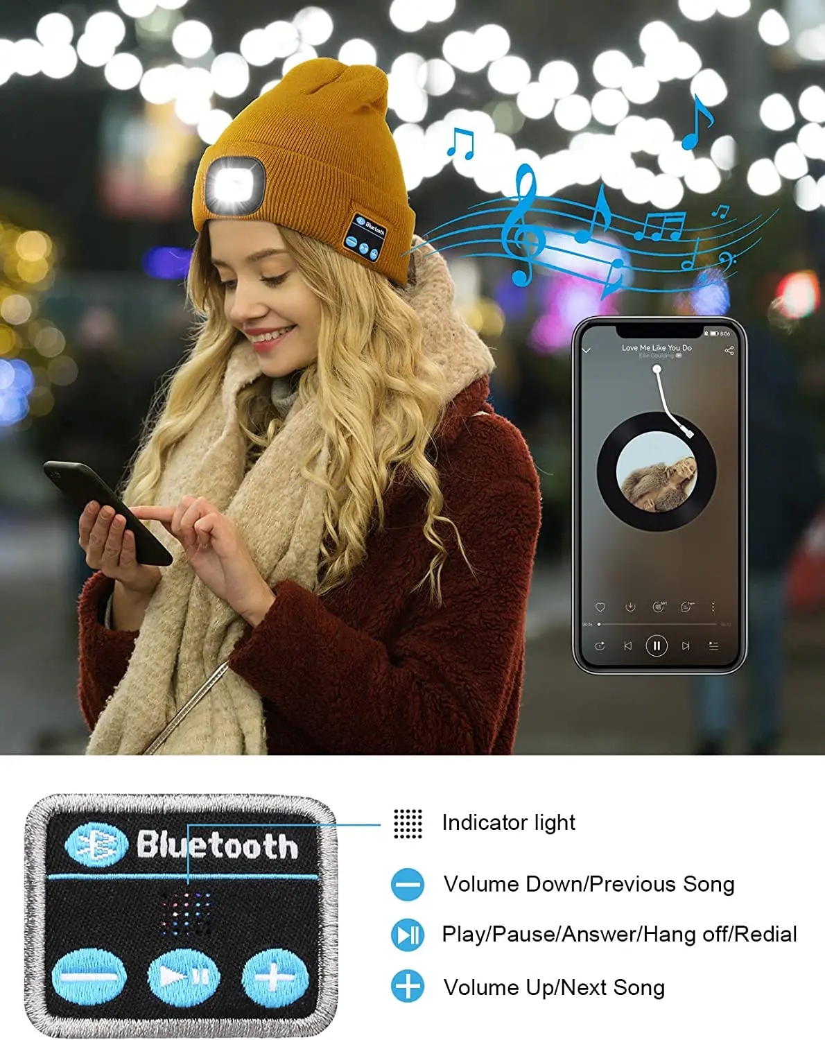 Bluetooth Beanie Hat with Light Unisex USB Rechargeable 4 LED Headlamp Cap with Wireless Headphones Led Lighted Beanie Cap