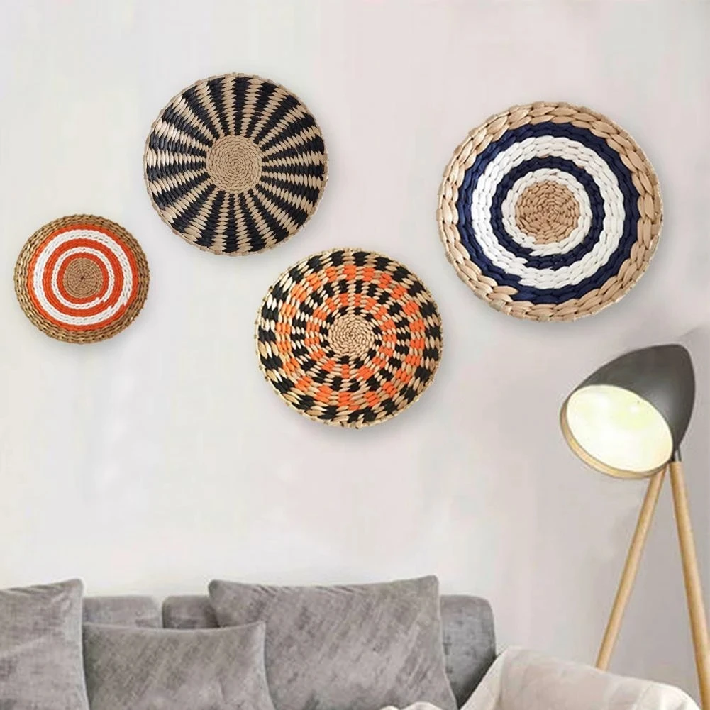 Boho Woven Decorative Nordic Style Handmade Round Rattan Wall Basket Hanging Sets