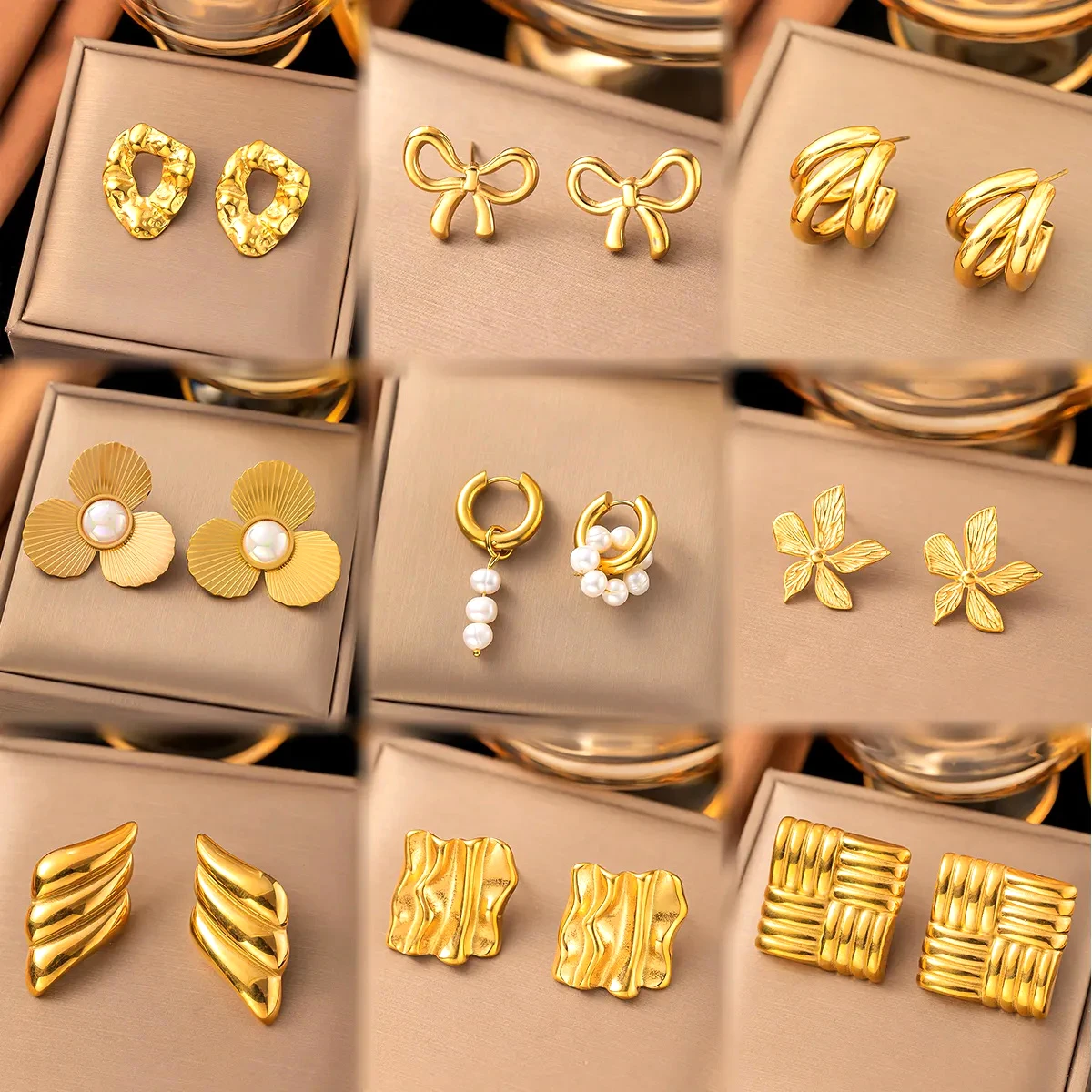 Vintage 18K Gold Stainless Steel Zircon Clover Hoop Drop Earrings Women Pearl Bow Heart Flower Stud Earrings For Gift