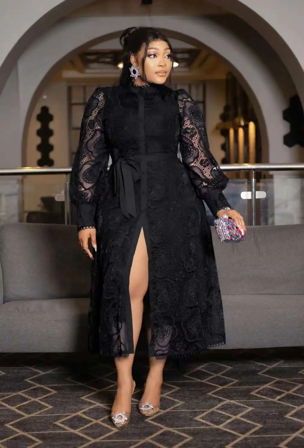 Newest Large size Single-Breasted Long Sleeves Solid Color Elegant Fashion Evening Party  Lace tunic Woman Dress