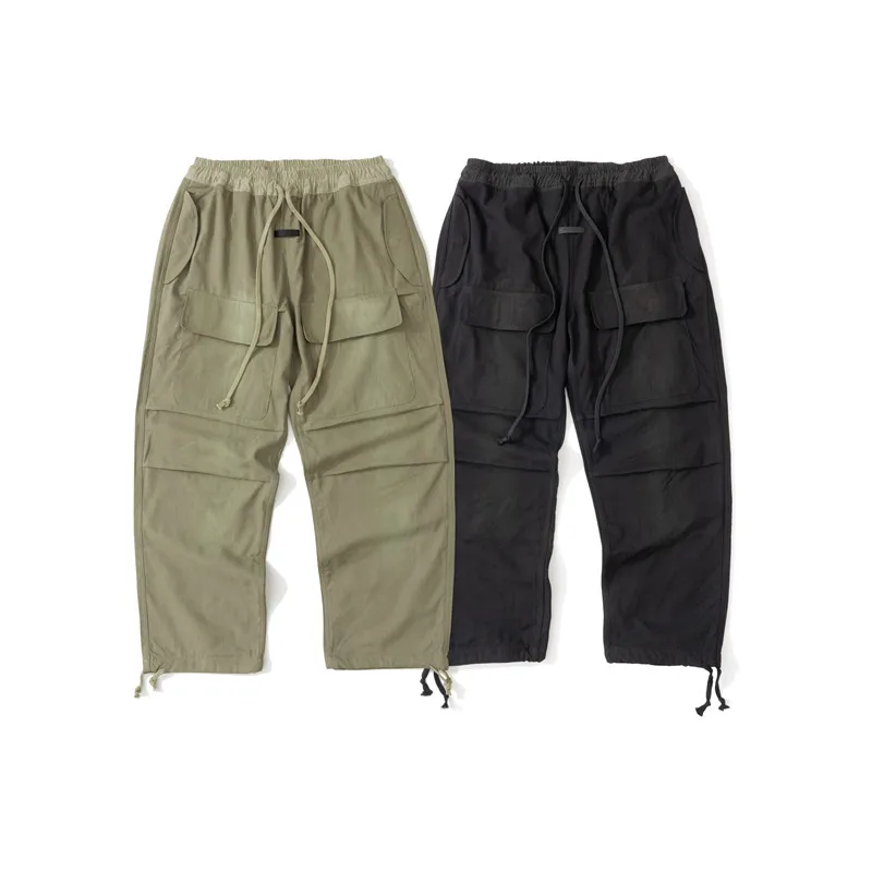 Men women wash water old drawstring streamer multi pocket overalls trousers winter sports army green pants