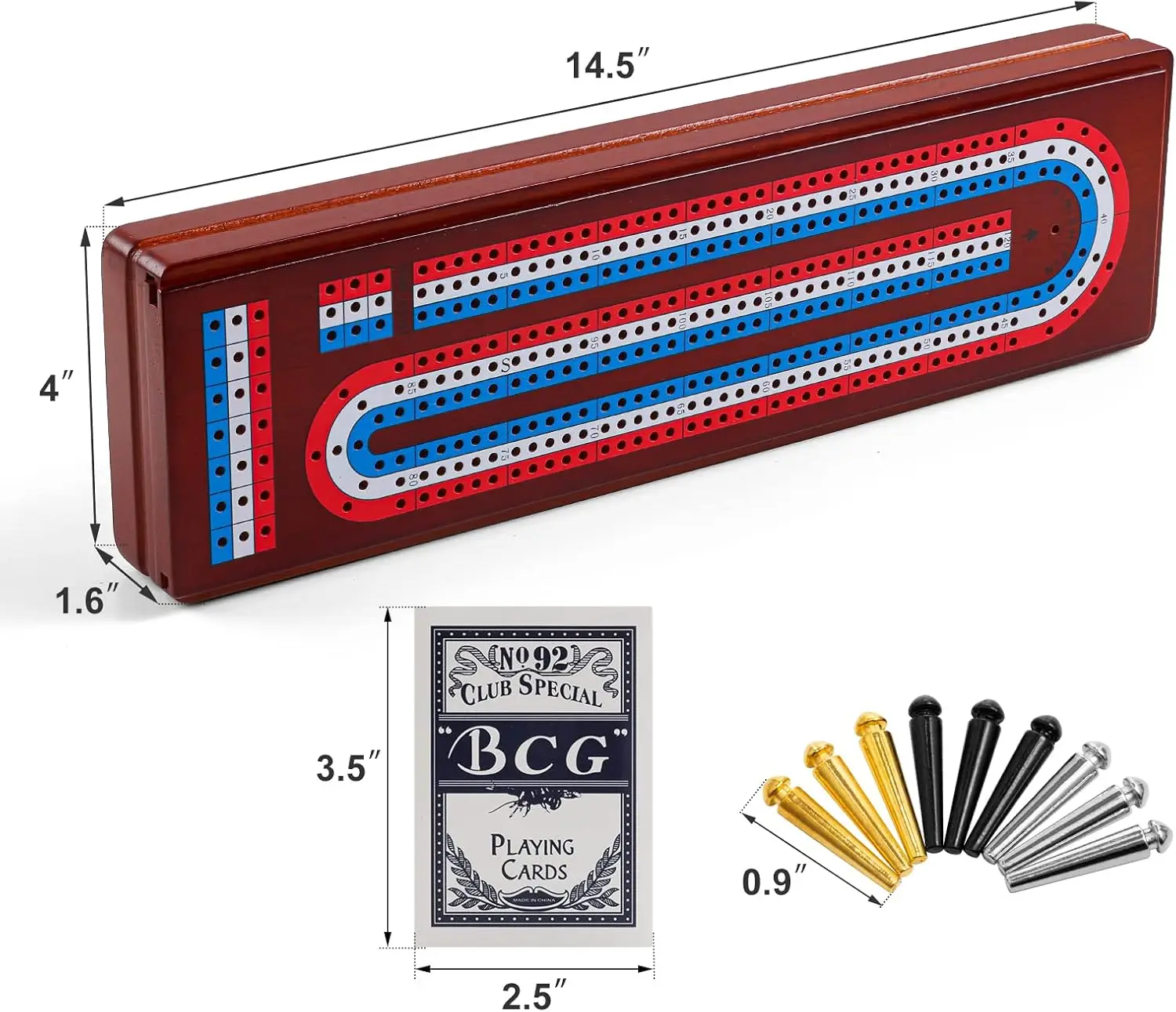 Cribbage Board Game Set with Large Storage - Solid Wood 3-Track Board, 9 Metal Pegs, 2 Decks of Cards for Game Night & Travel