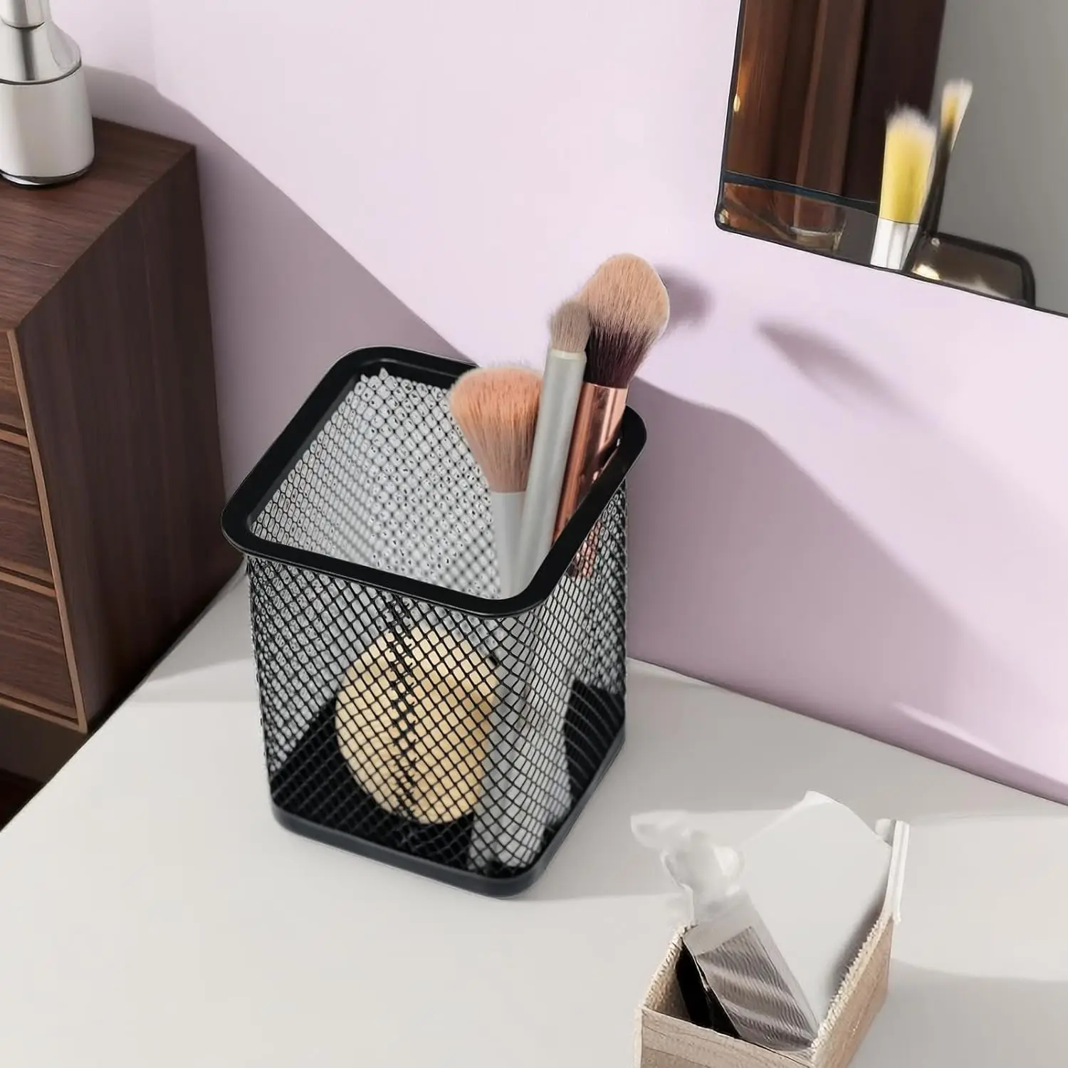 Black Square Metal Wire Mesh Pencil Cup Holder for Desk Organizer for Office Supplies