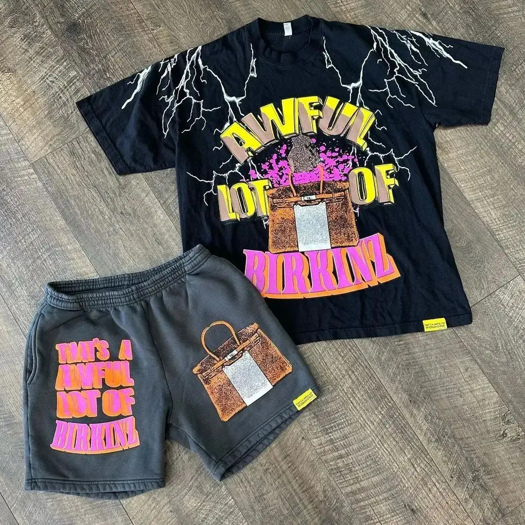 Vintage Mens Shorts Sets Cotton 2 Piece Set Acid Washed Men Summer Set T Shirts And Shorts