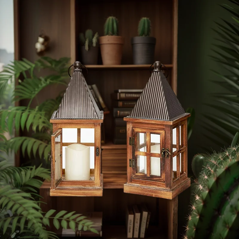 Nature Moroccan Metal Pyramid Peaked Candle and Wooden Lantern Home Decorative for Weddings Candle Holder Lantern for Home Decor